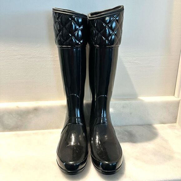 Hunter Rigley Quilted Glossy Tall Rubber Rain Boots Black Size 6 - Picture 4 of 5